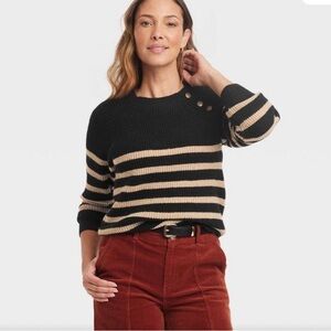 Knox Rose Black and Tan Striped Crew-Neck Sweater